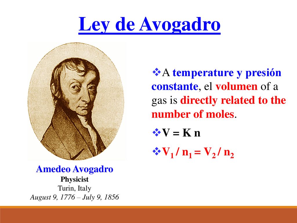 Ley de Avogadro A temperature y presión constante, el volumen of a gas is directly related to the number of moles.