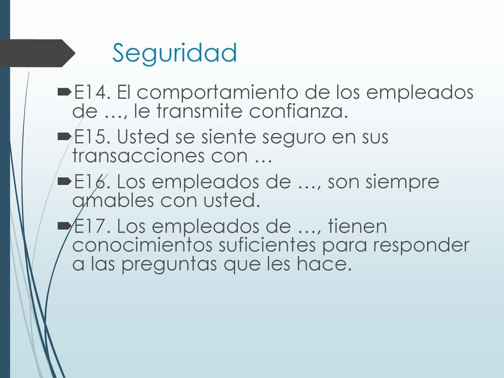 Seguridad E14. El comportamiento de los empleados de …, le transmite confianza. E15. Usted se siente seguro en sus transacciones con …