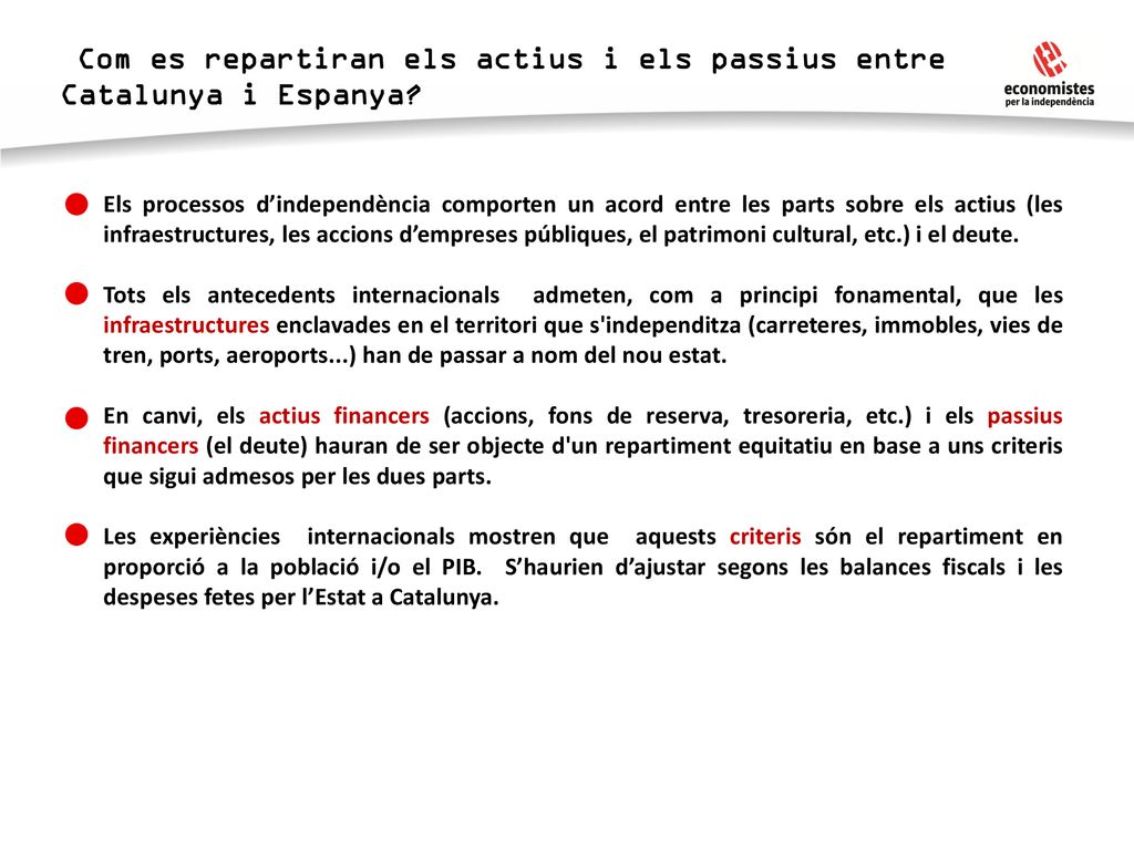 Com es repartiran els actius i els passius entre Catalunya i Espanya