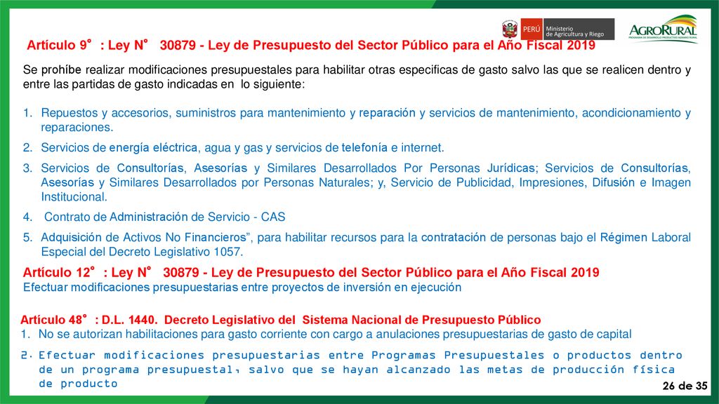 Artículo 9°: Ley N° Ley de Presupuesto del Sector Público para el Año Fiscal 2019