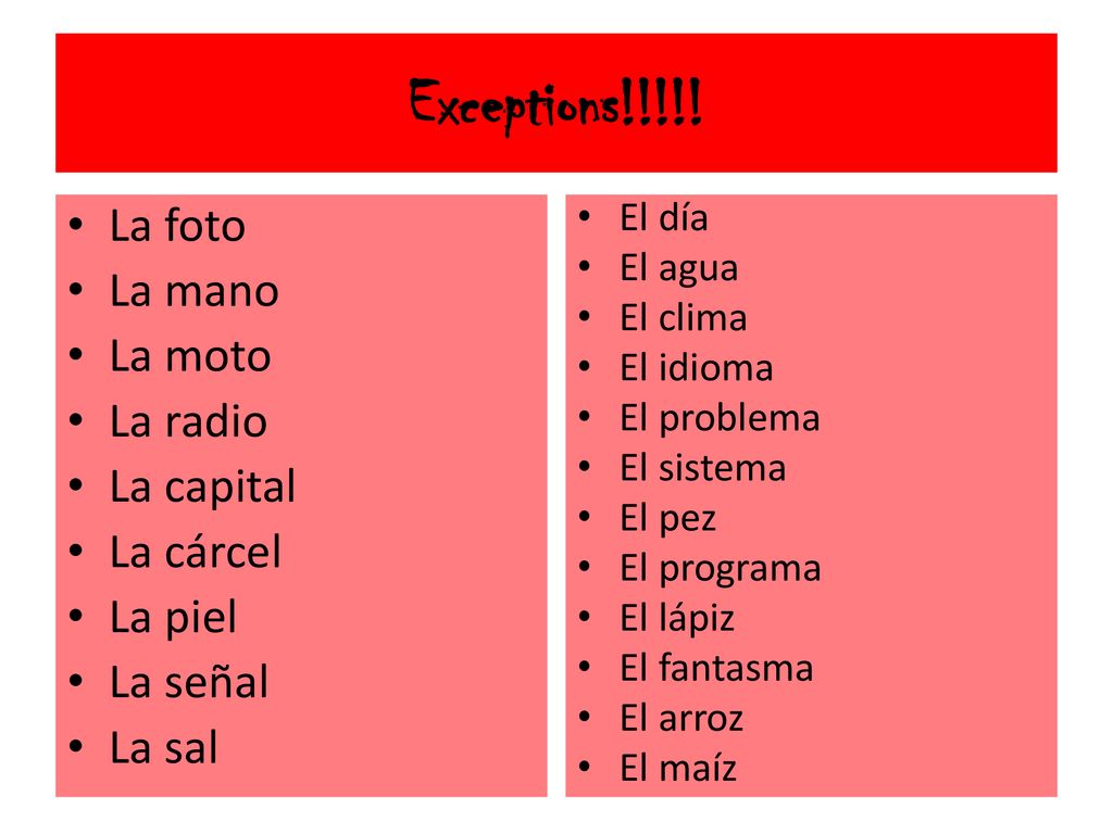Exceptions!!!!! La foto La mano La moto La radio La capital La cárcel