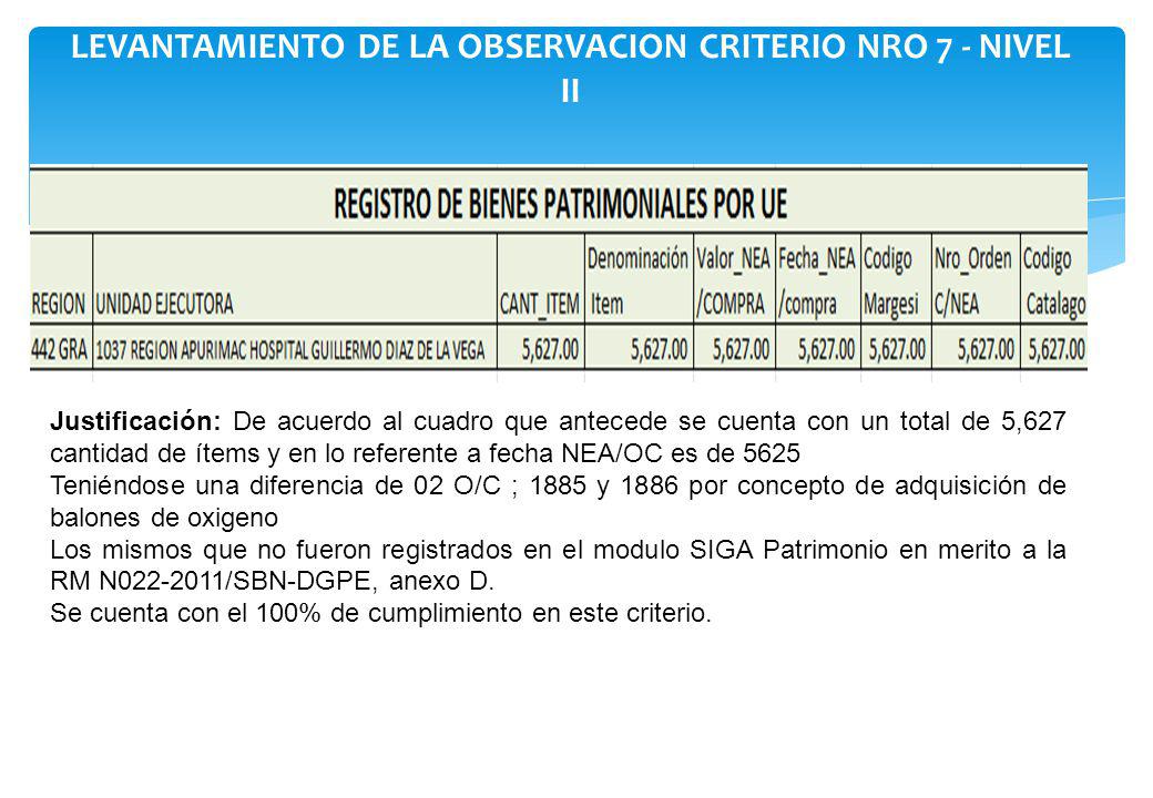 LEVANTAMIENTO DE LA OBSERVACION CRITERIO NRO 7 - NIVEL II