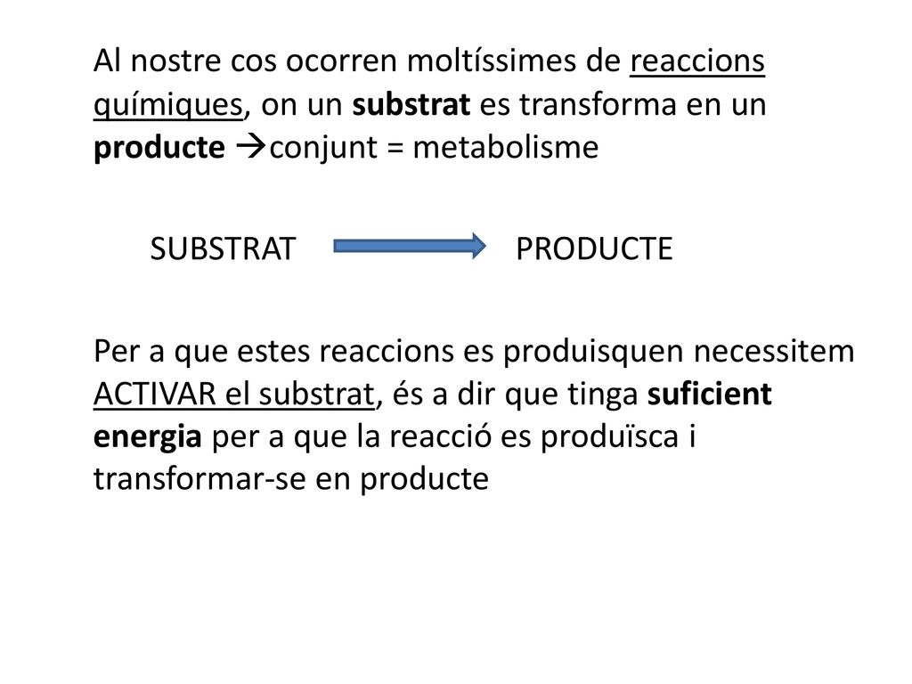 Al nostre cos ocorren moltíssimes de reaccions químiques, on un substrat es transforma en un producte conjunt = metabolisme