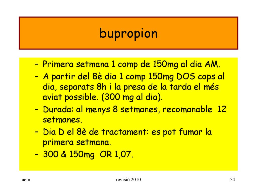 bupropion Primera setmana 1 comp de 150mg al dia AM.