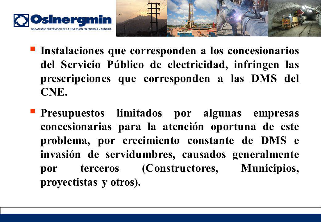 Instalaciones que corresponden a los concesionarios del Servicio Público de electricidad, infringen las prescripciones que corresponden a las DMS del CNE.