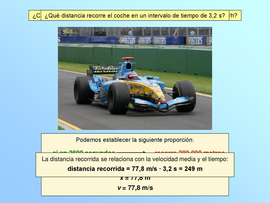 distancia recorrida = 77,8 m/s · 3,2 s = 249 m