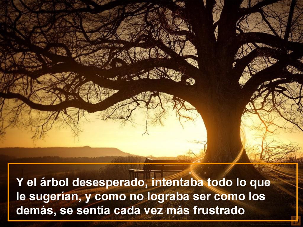 Y el árbol desesperado, intentaba todo lo que le sugerían, y como no lograba ser como los demás, se sentía cada vez más frustrado