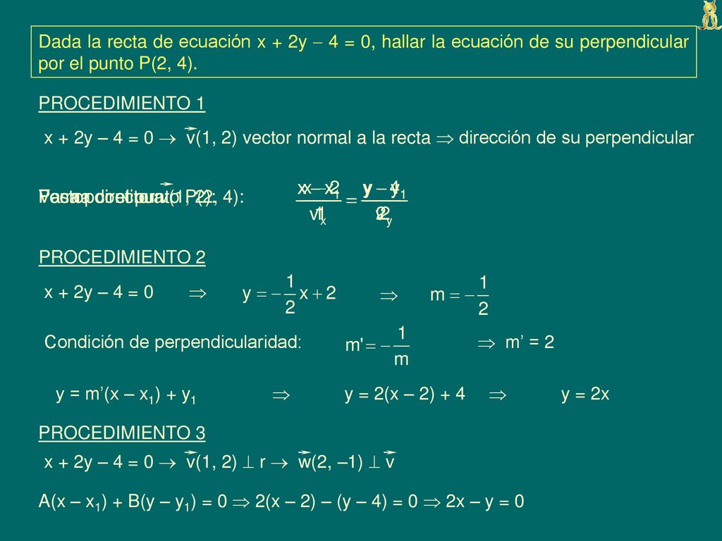 Dada la recta de ecuación x + 2y  4 = 0, hallar la ecuación de su perpendicular por el punto P(2, 4).