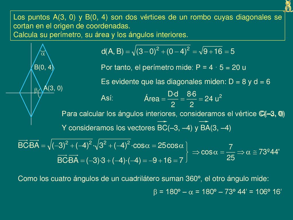 Calcula su perímetro, su área y los ángulos interiores.