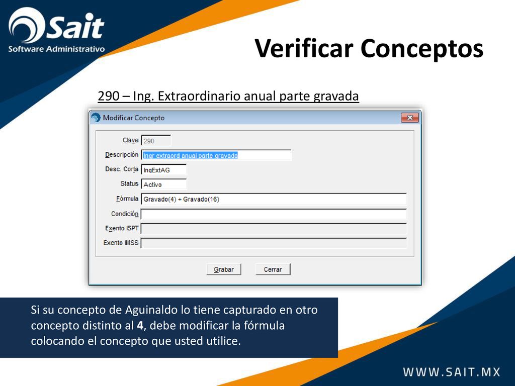 Verificar Conceptos 290 – Ing. Extraordinario anual parte gravada