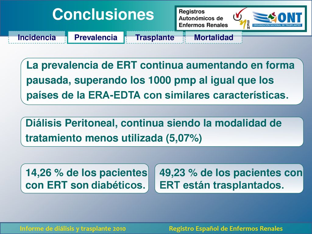 Conclusiones La prevalencia de ERT continua aumentando en forma