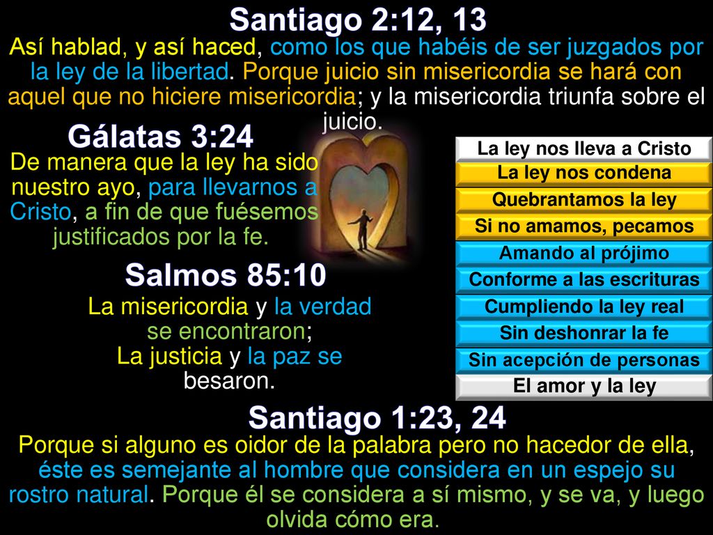 Santiago 2:12, 13 Gálatas 3:24 Salmos 85:10 Santiago 1:23, 24