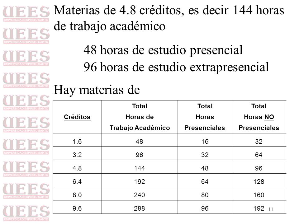 Materias de 4.8 créditos, es decir 144 horas de trabajo académico