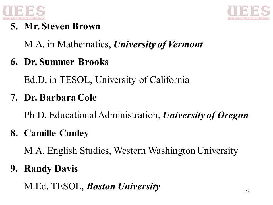 Mr. Steven Brown M.A. in Mathematics, University of Vermont. Dr. Summer Brooks. Ed.D. in TESOL, University of California.