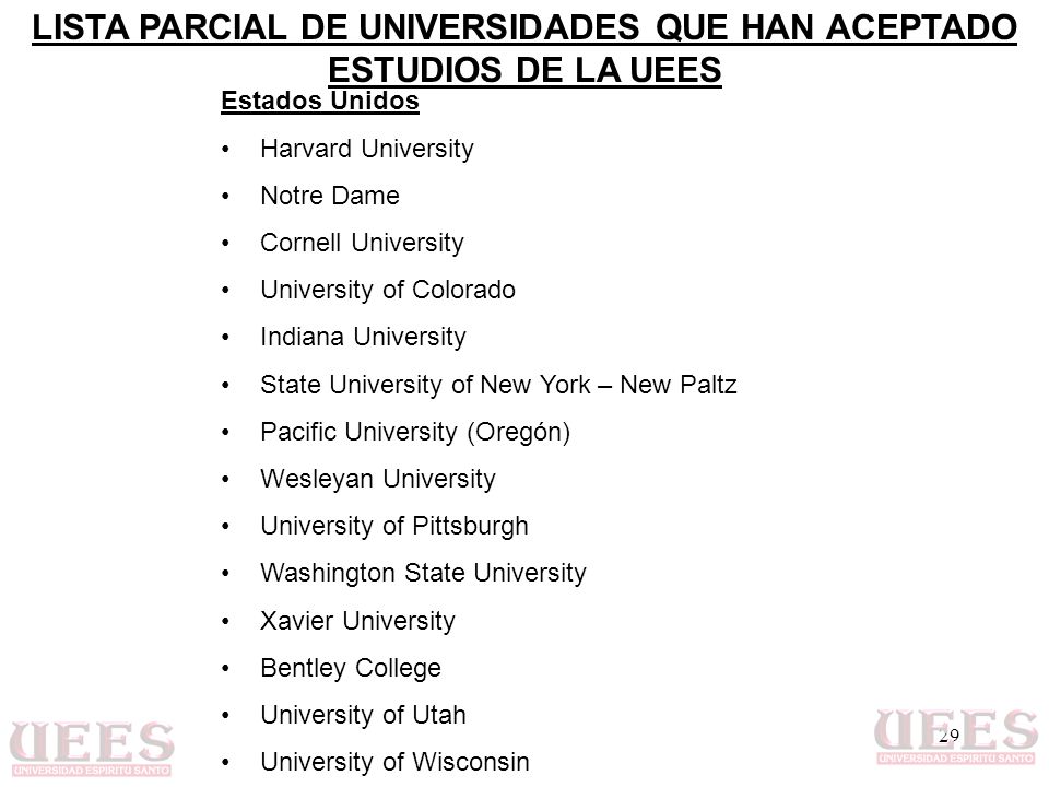 LISTA PARCIAL DE UNIVERSIDADES QUE HAN ACEPTADO ESTUDIOS DE LA UEES