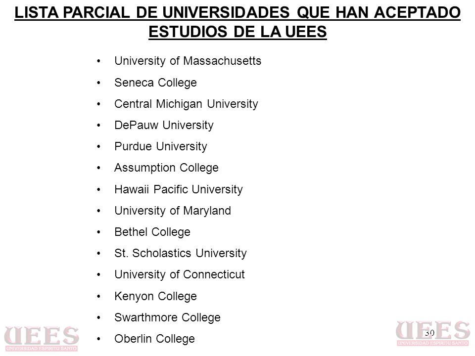 LISTA PARCIAL DE UNIVERSIDADES QUE HAN ACEPTADO ESTUDIOS DE LA UEES