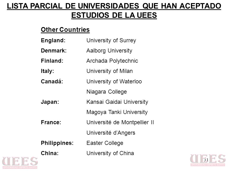 LISTA PARCIAL DE UNIVERSIDADES QUE HAN ACEPTADO ESTUDIOS DE LA UEES