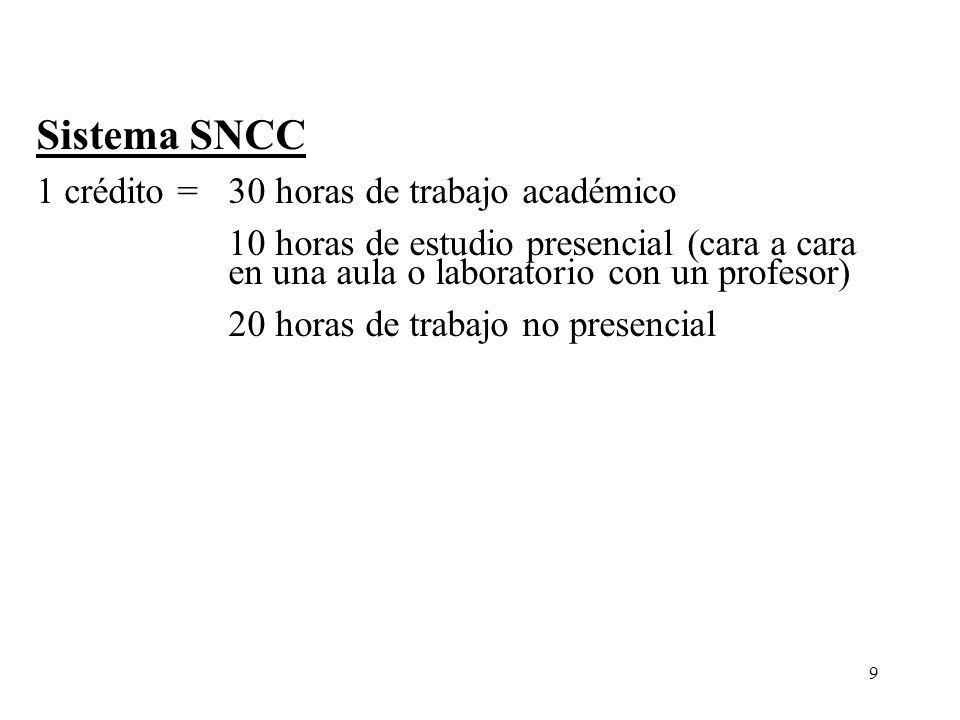 Sistema SNCC 1 crédito = 30 horas de trabajo académico
