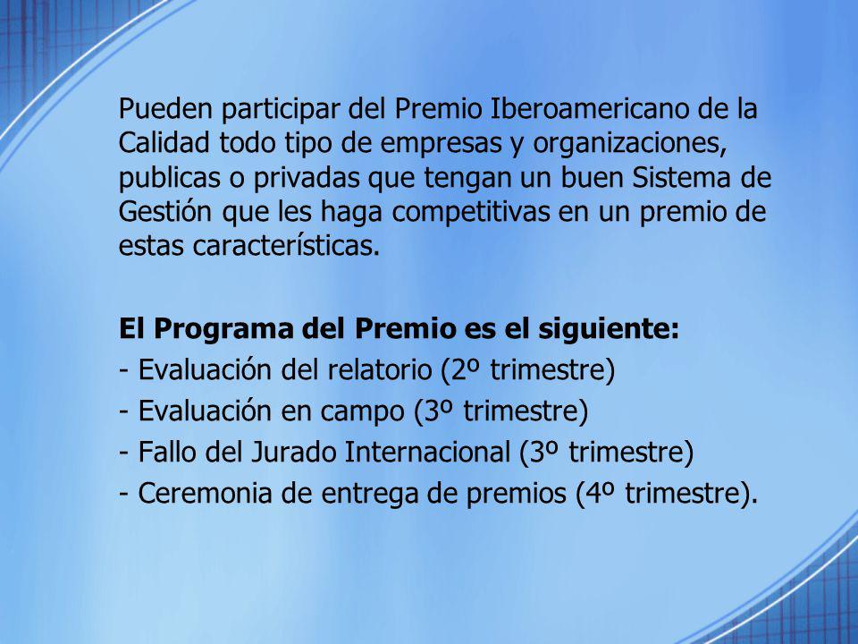 Pueden participar del Premio Iberoamericano de la Calidad todo tipo de empresas y organizaciones, publicas o privadas que tengan un buen Sistema de Gestión que les haga competitivas en un premio de estas características.