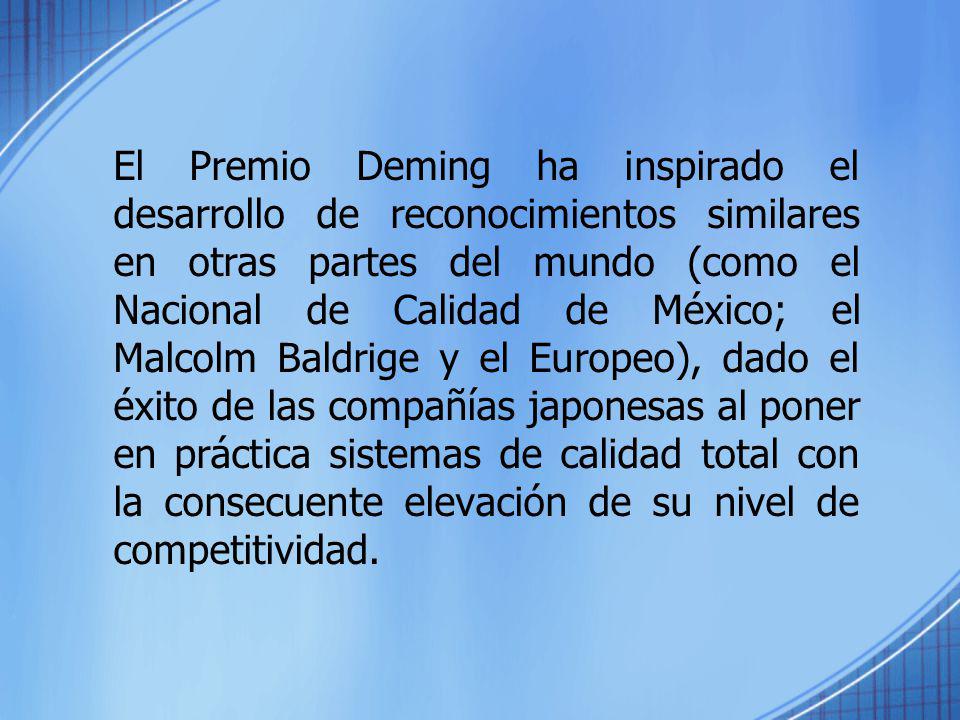 El Premio Deming ha inspirado el desarrollo de reconocimientos similares en otras partes del mundo (como el Nacional de Calidad de México; el Malcolm Baldrige y el Europeo), dado el éxito de las compañías japonesas al poner en práctica sistemas de calidad total con la consecuente elevación de su nivel de competitividad.