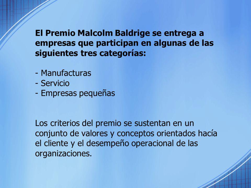 El Premio Malcolm Baldrige se entrega a empresas que participan en algunas de las siguientes tres categorías: - Manufacturas - Servicio - Empresas pequeñas Los criterios del premio se sustentan en un conjunto de valores y conceptos orientados hacía el cliente y el desempeño operacional de las organizaciones.