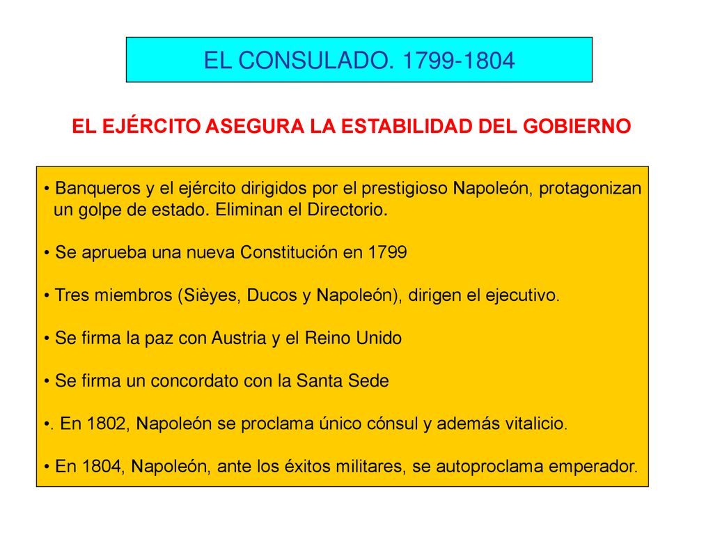 EL CONSULADO EL EJÉRCITO ASEGURA LA ESTABILIDAD DEL GOBIERNO. Banqueros y el ejército dirigidos por el prestigioso Napoleón, protagonizan.