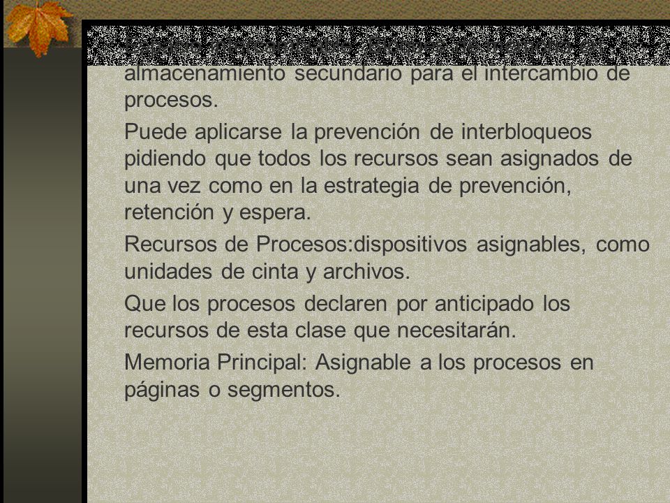 Espacio intercambiable: Bloques de memoria en almacenamiento secundario para el intercambio de procesos.