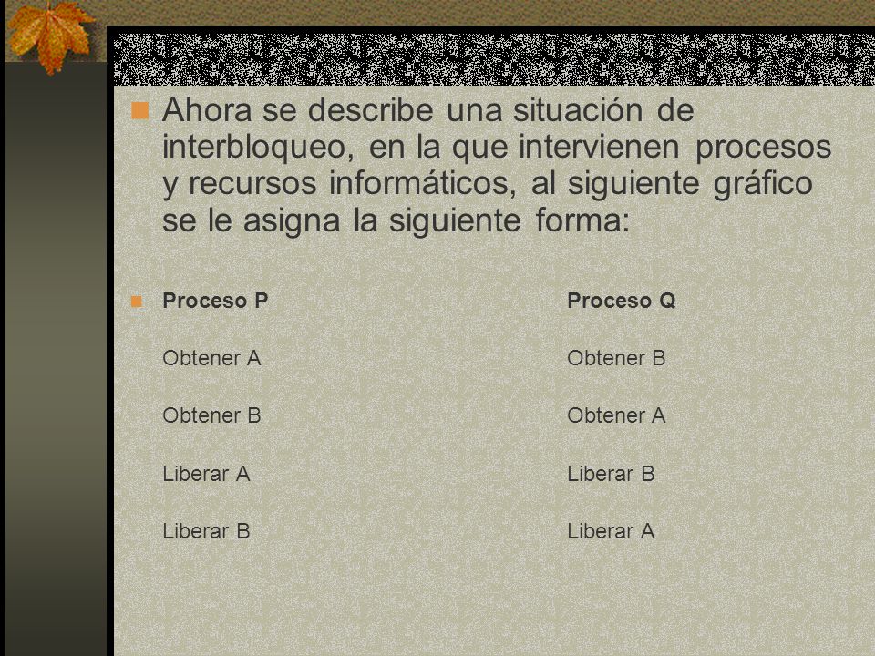 Ahora se describe una situación de interbloqueo, en la que intervienen procesos y recursos informáticos, al siguiente gráfico se le asigna la siguiente forma:
