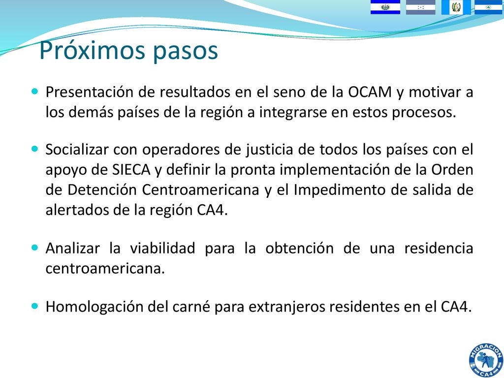 Próximos pasos Presentación de resultados en el seno de la OCAM y motivar a los demás países de la región a integrarse en estos procesos.