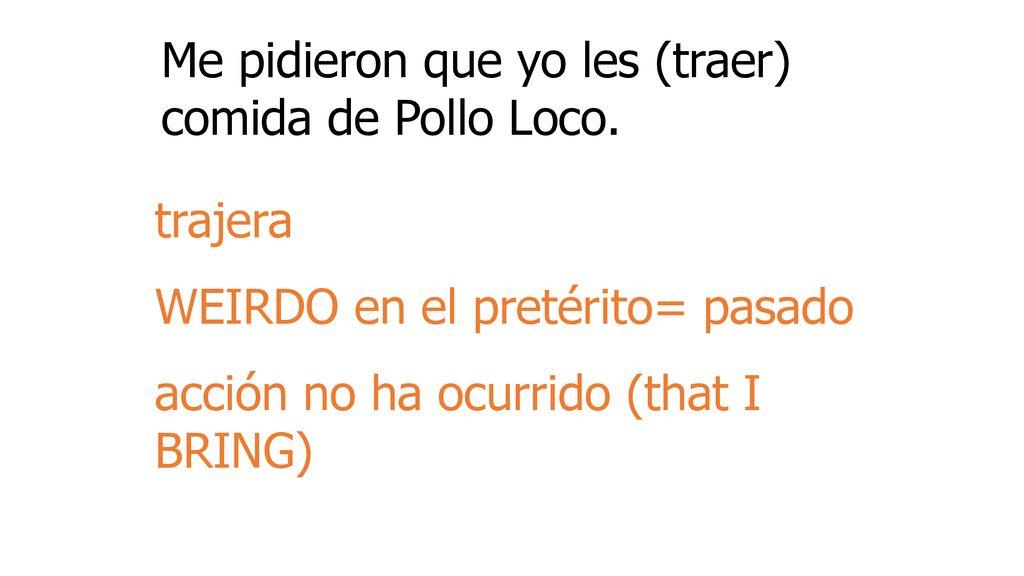 Me pidieron que yo les (traer) comida de Pollo Loco.
