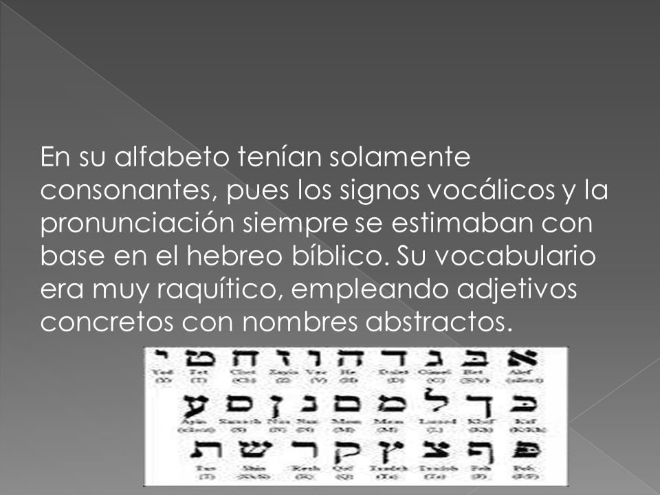En su alfabeto tenían solamente consonantes, pues los signos vocálicos y la pronunciación siempre se estimaban con base en el hebreo bíblico.