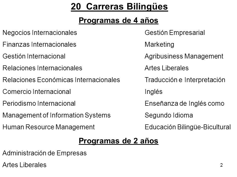 20 Carreras Bilingües Programas de 4 años Programas de 2 años