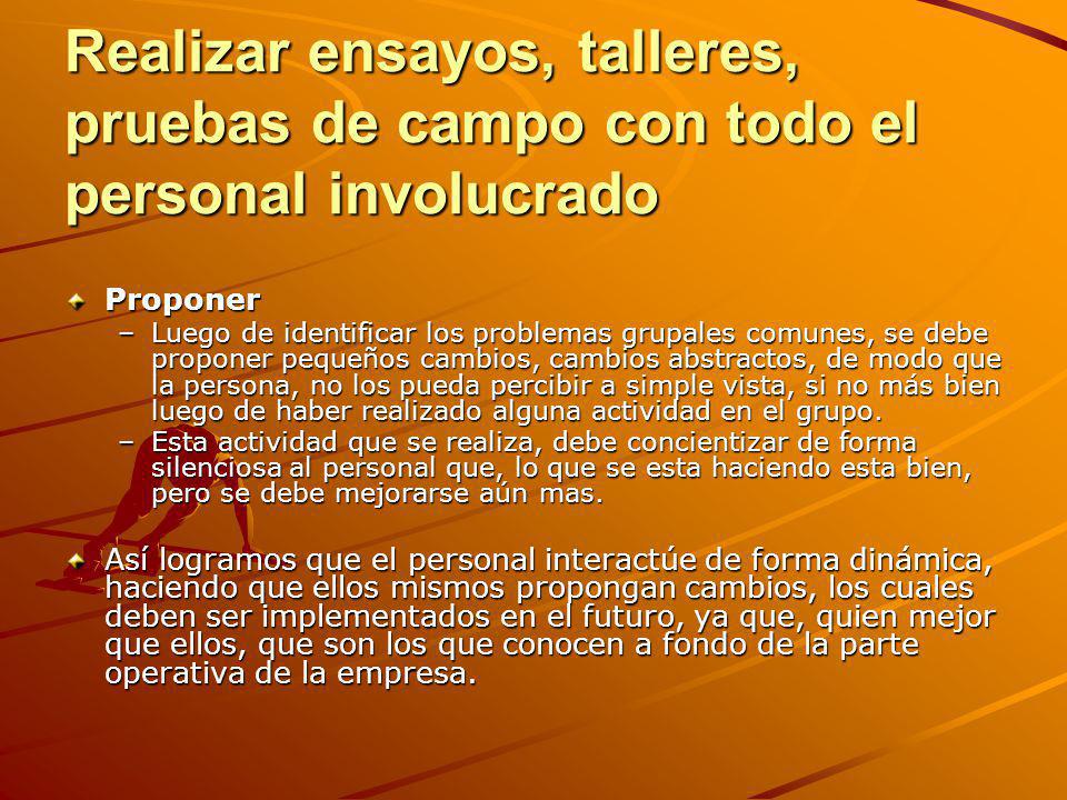 Realizar ensayos, talleres, pruebas de campo con todo el personal involucrado
