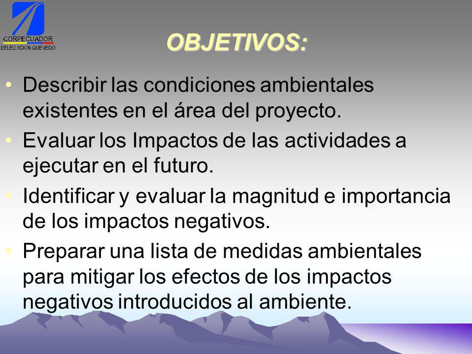 OBJETIVOS: Describir las condiciones ambientales existentes en el área del proyecto.