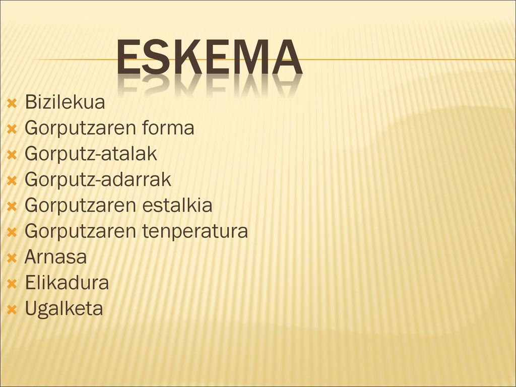 ESKEMA Bizilekua Gorputzaren forma Gorputz-atalak Gorputz-adarrak