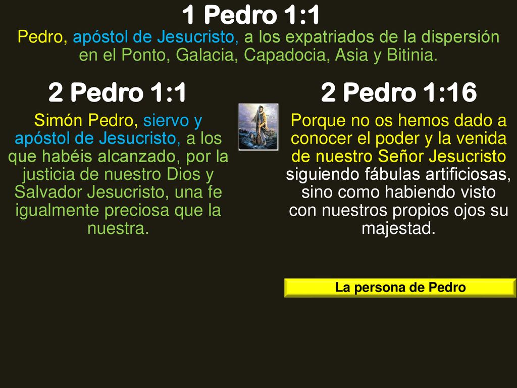 1 Pedro 1:1 Pedro, apóstol de Jesucristo, a los expatriados de la dispersión en el Ponto, Galacia, Capadocia, Asia y Bitinia.