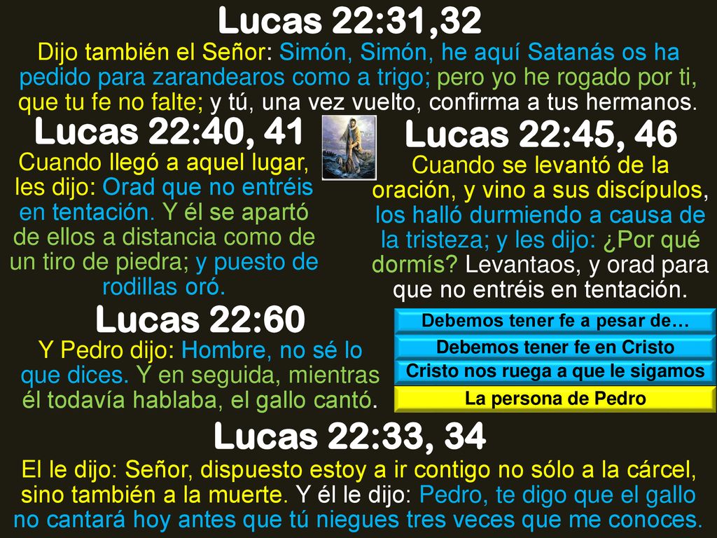 Lucas 22:31,32 Lucas 22:40, 41 Lucas 22:45, 46 Lucas 22:60