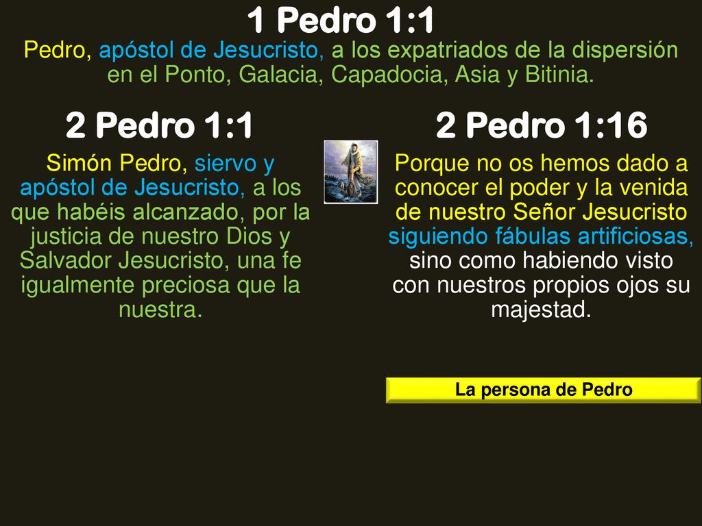 1 Pedro 1:1 Pedro, apóstol de Jesucristo, a los expatriados de la dispersión en el Ponto, Galacia, Capadocia, Asia y Bitinia.
