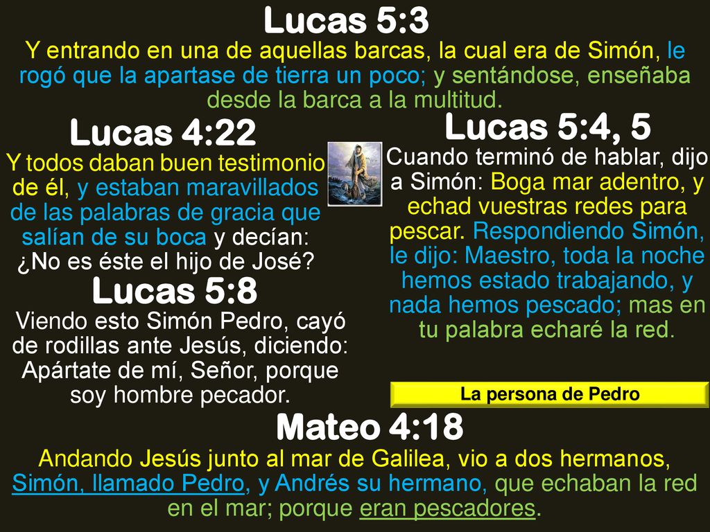 Lucas 5:3 Lucas 5:4, 5 Lucas 4:22 Lucas 5:8 Mateo 4:18