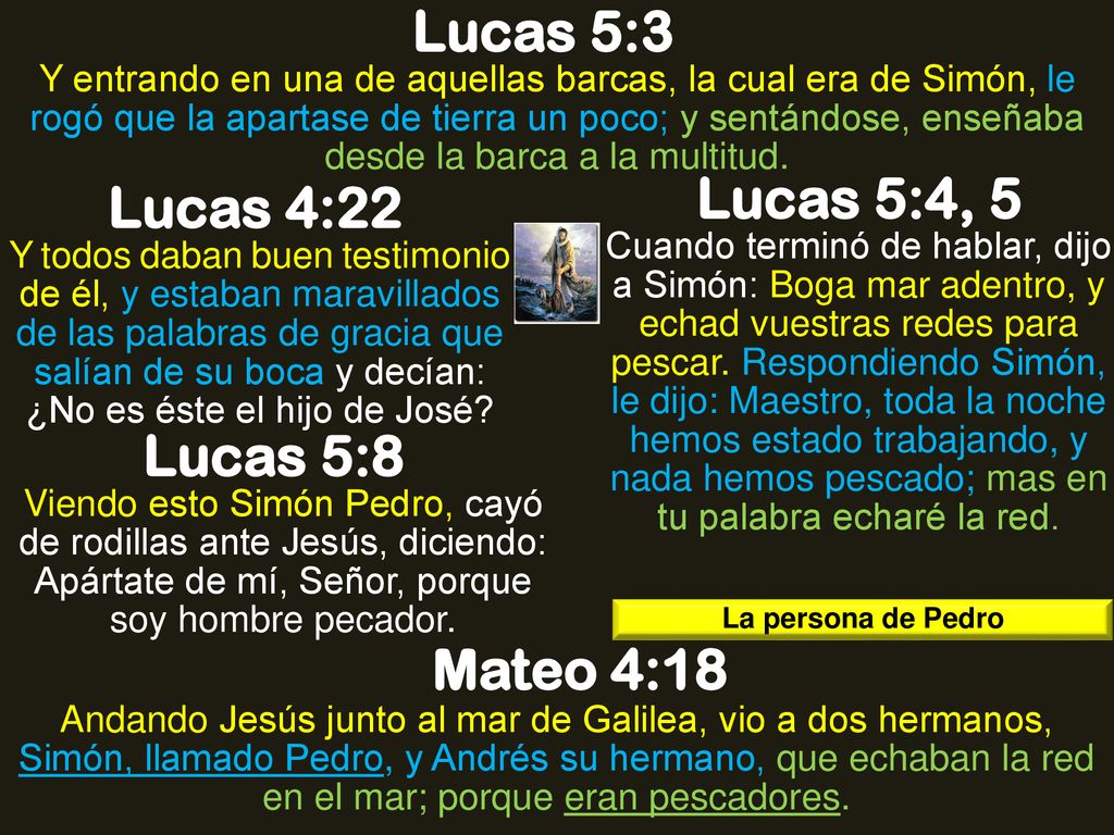 Lucas 5:3 Lucas 5:4, 5 Lucas 4:22 Lucas 5:8 Mateo 4:18