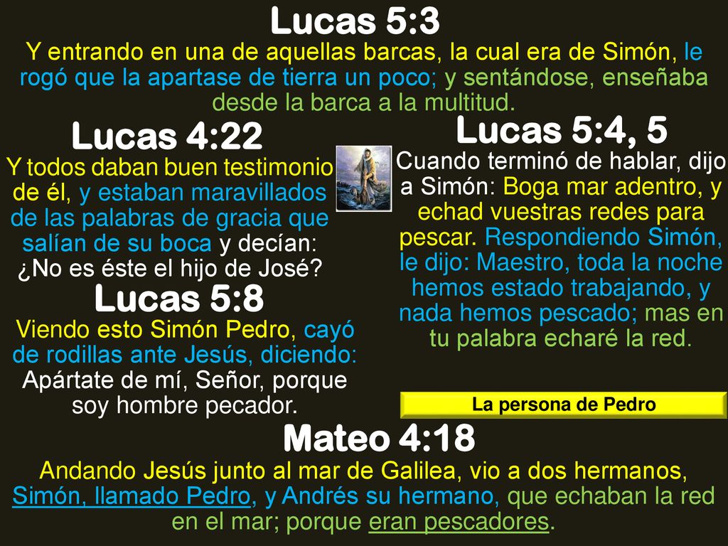 Lucas 5:3 Lucas 5:4, 5 Lucas 4:22 Lucas 5:8 Mateo 4:18