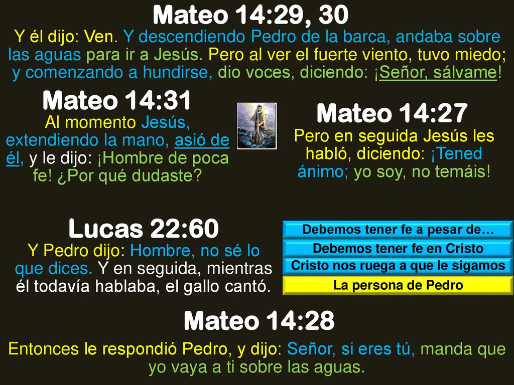 Mateo 14:29, 30 Mateo 14:31 Mateo 14:27 Lucas 22:60 Mateo 14:28
