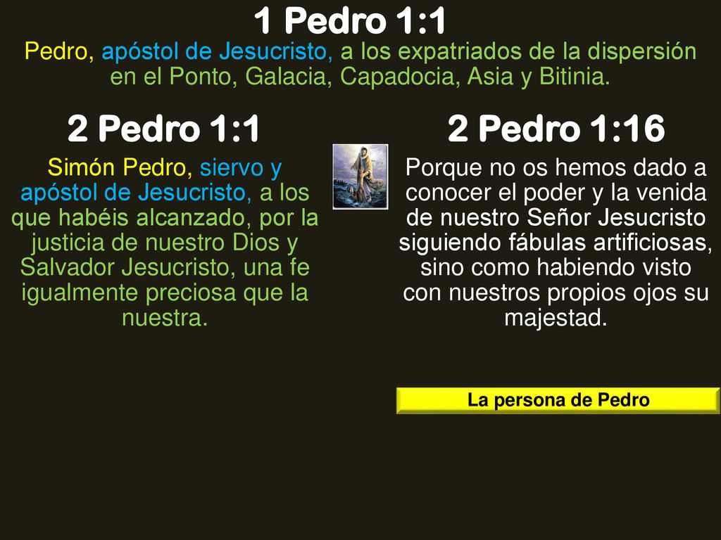 1 Pedro 1:1 Pedro, apóstol de Jesucristo, a los expatriados de la dispersión en el Ponto, Galacia, Capadocia, Asia y Bitinia.