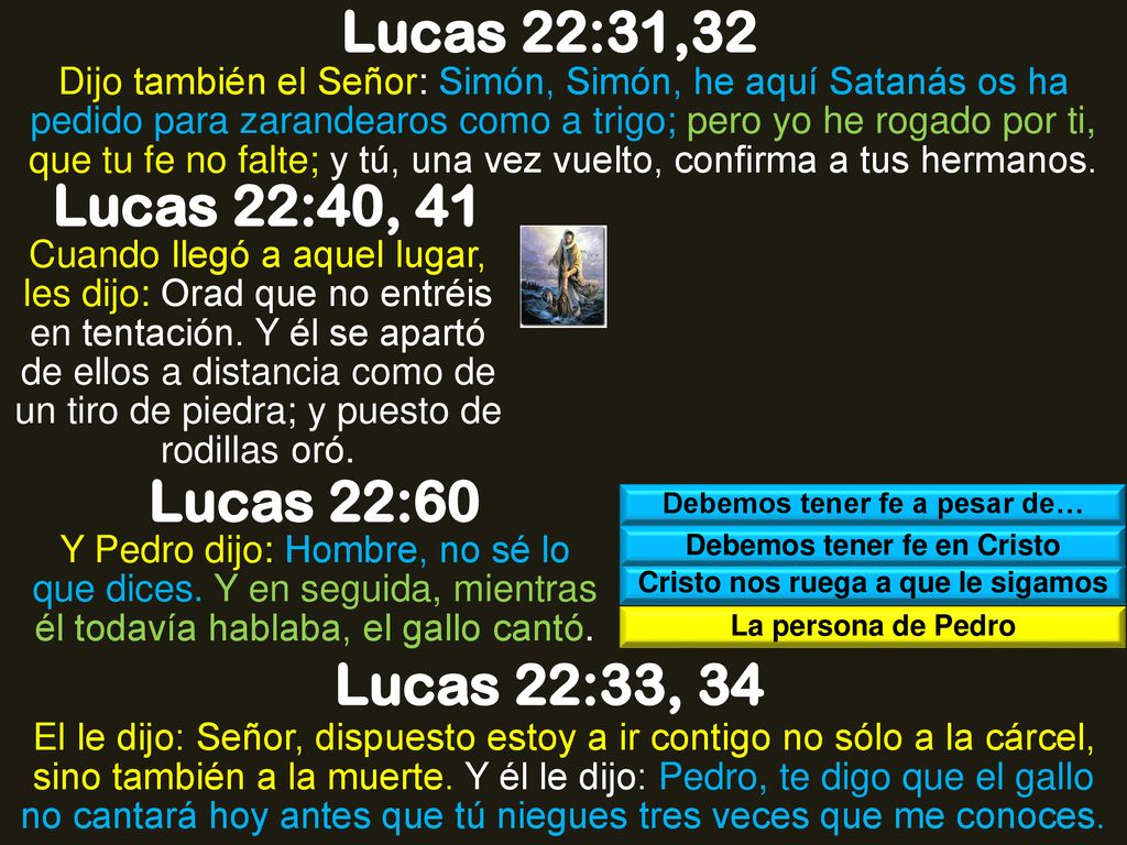 Lucas 22:31,32 Lucas 22:40, 41 Lucas 22:60 Lucas 22:33, 34
