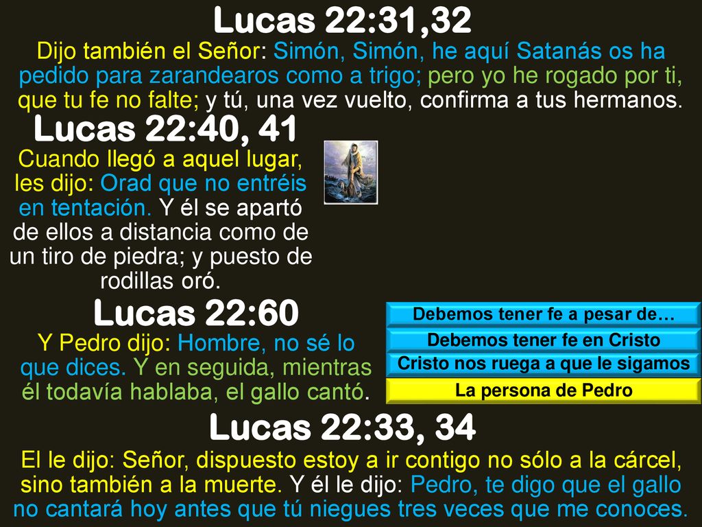 Lucas 22:31,32 Lucas 22:40, 41 Lucas 22:60 Lucas 22:33, 34