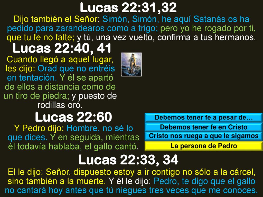 Lucas 22:31,32 Lucas 22:40, 41 Lucas 22:60 Lucas 22:33, 34