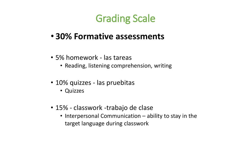 Grading Scale 30% Formative assessments 5% homework - las tareas