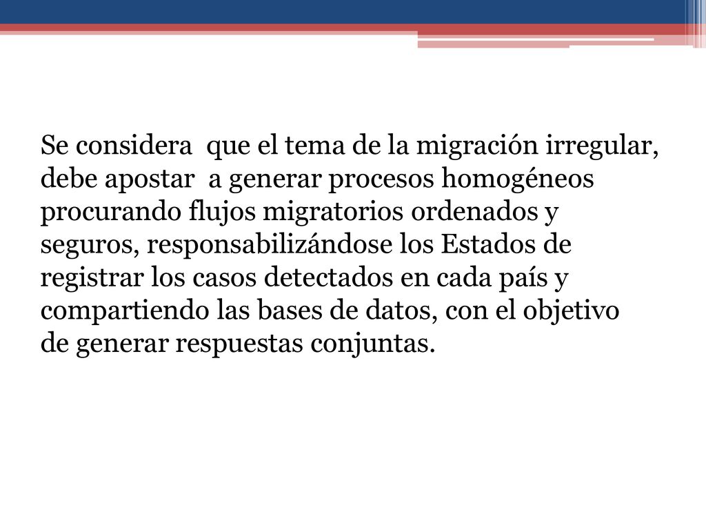 Se considera que el tema de la migración irregular, debe apostar a generar procesos homogéneos procurando flujos migratorios ordenados y seguros, responsabilizándose los Estados de registrar los casos detectados en cada país y compartiendo las bases de datos, con el objetivo de generar respuestas conjuntas.