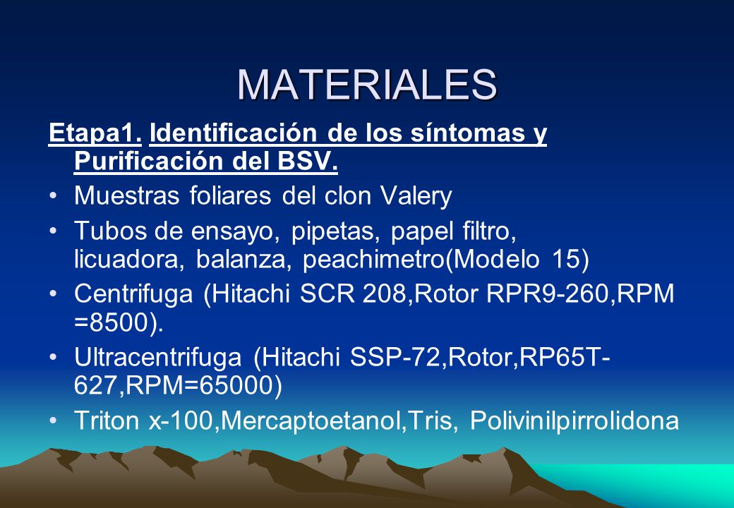 MATERIALES Etapa1. Identificación de los síntomas y Purificación del BSV. Muestras foliares del clon Valery.