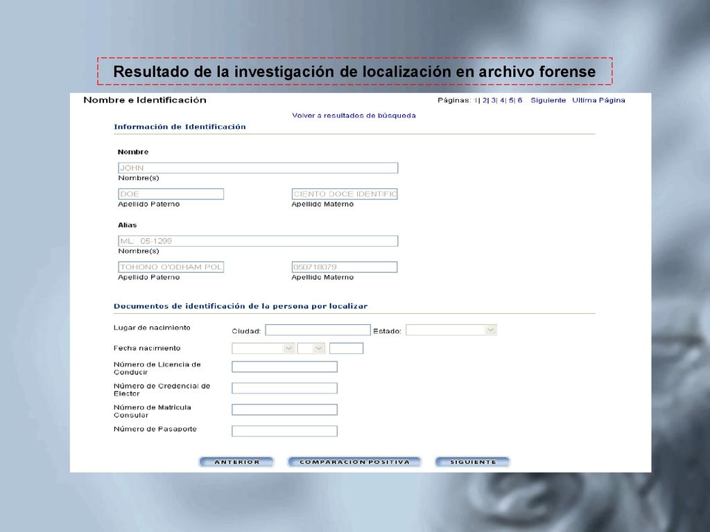 Resultado de la investigación de localización en archivo forense
